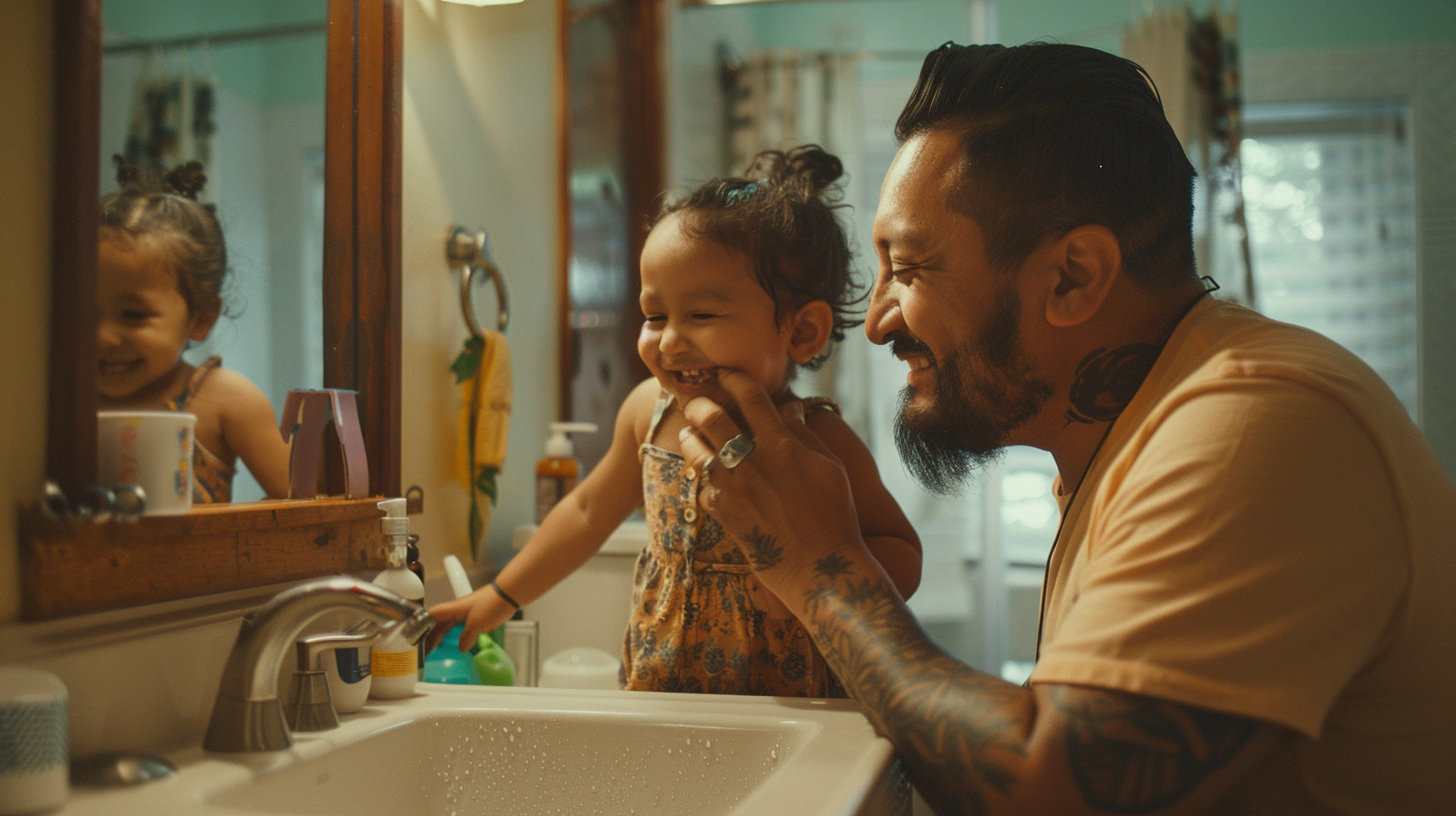 Father wipes daughter's tears in cozy bathroom scene