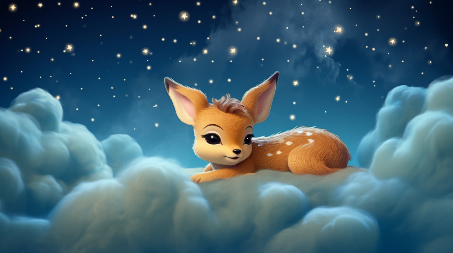 Fawn sleeping on clouds, starry background, Pixar style.