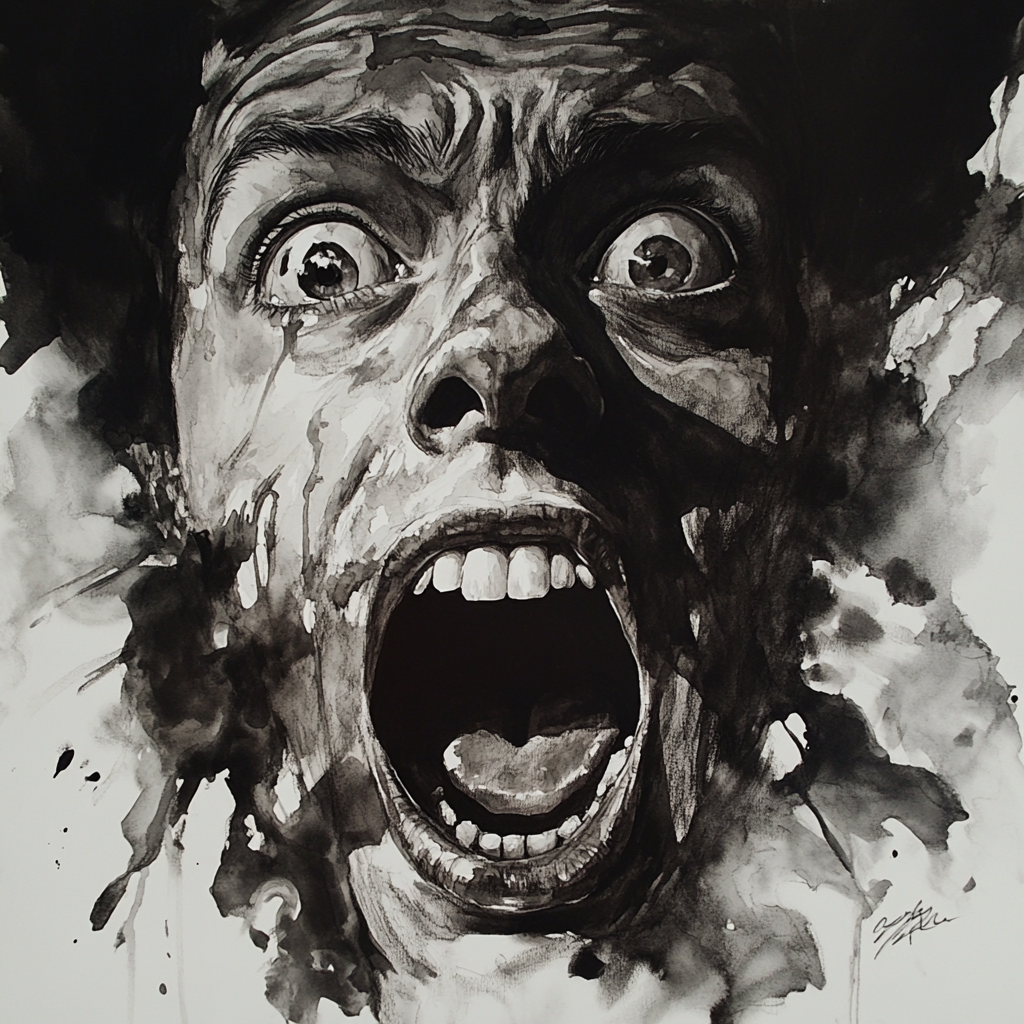 Fear: Vivid Depiction in Pen and Ink Watercolor