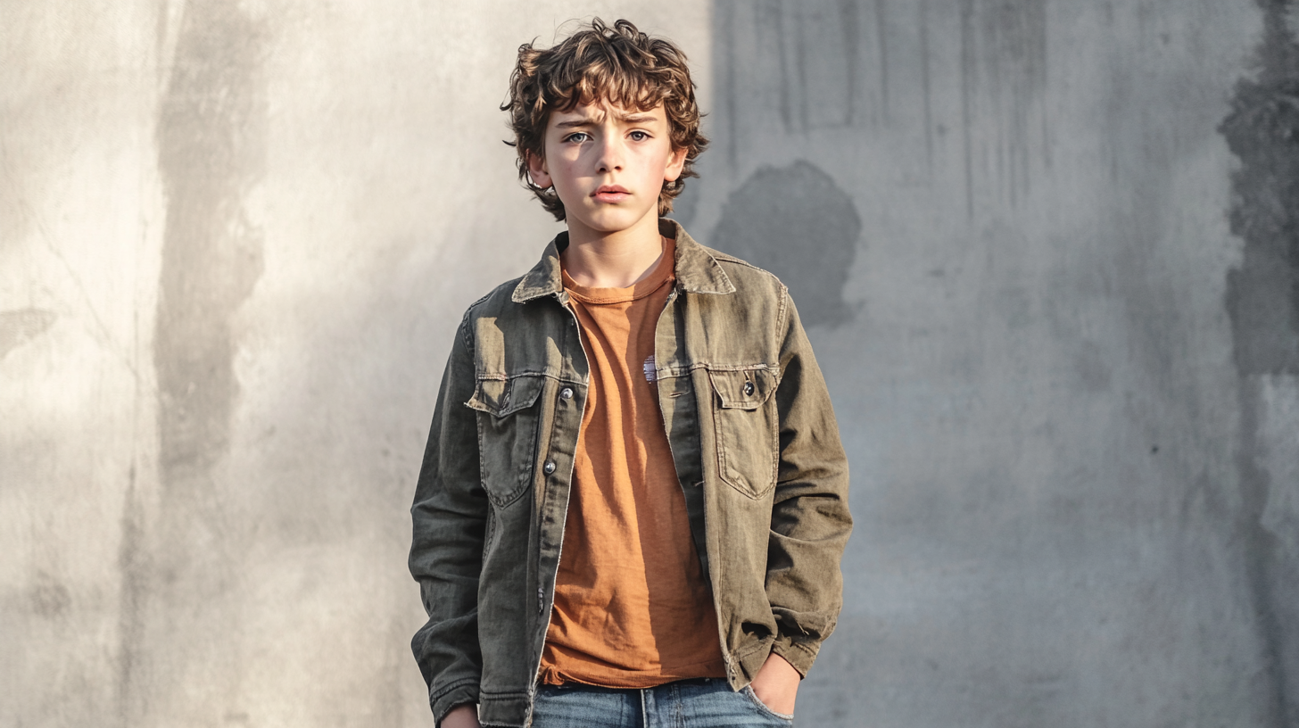 Fearful boy in denim stands straight, facing camera.