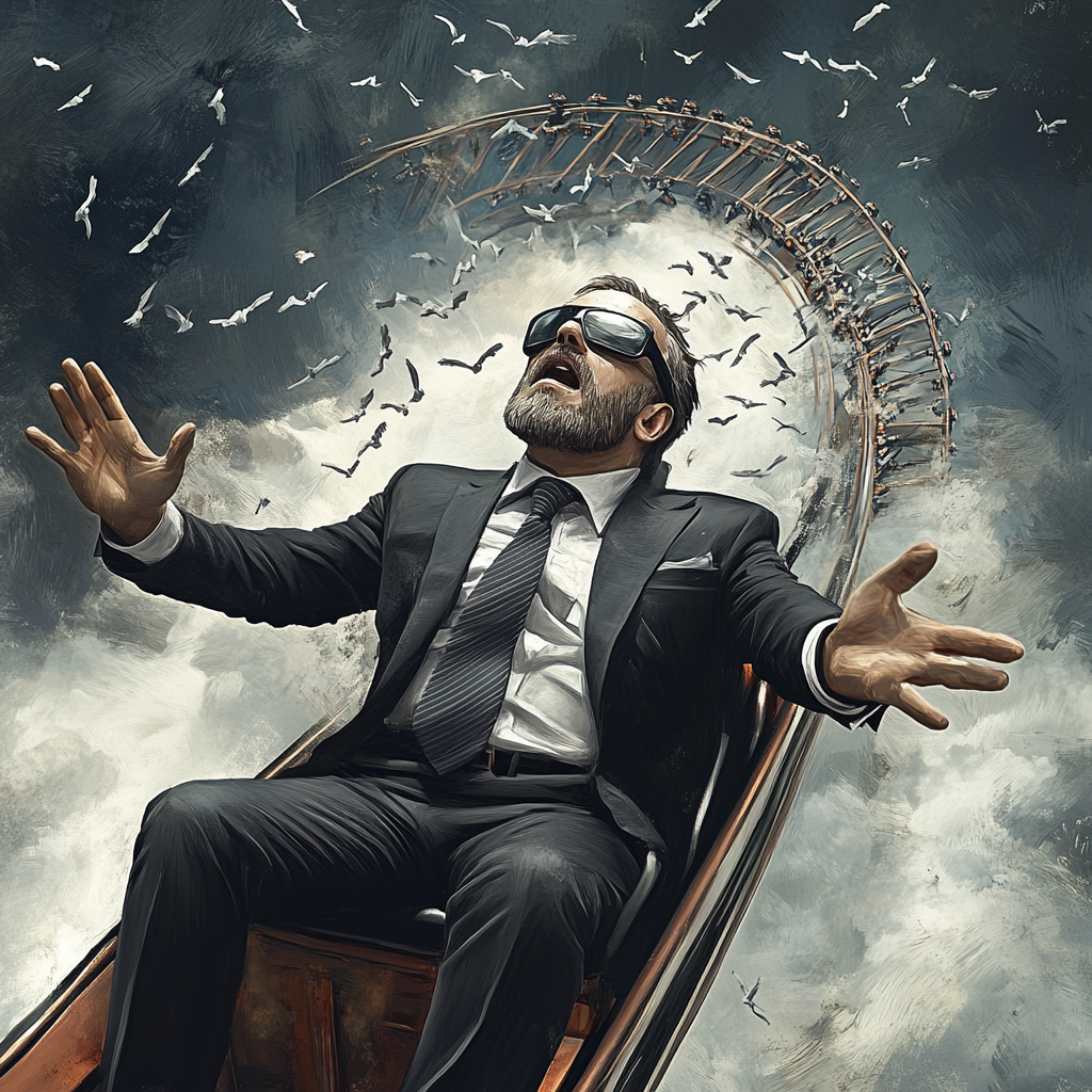 Fearful rollercoaster ride of blindfolded businessman in grey