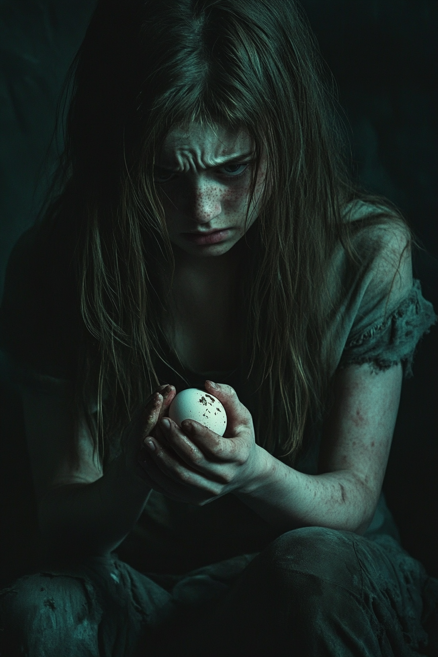 Fearful teenage girl holding cracking egg in dark atmosphere.