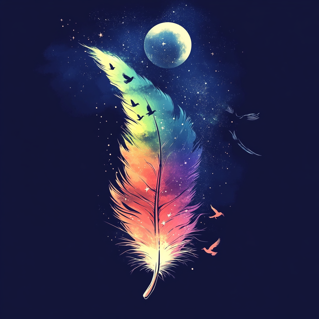 Feather with aurora borealis, moon, birds flying.