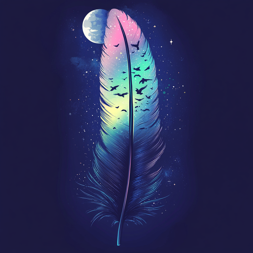 Feather with aurora borealis, moon, birds.