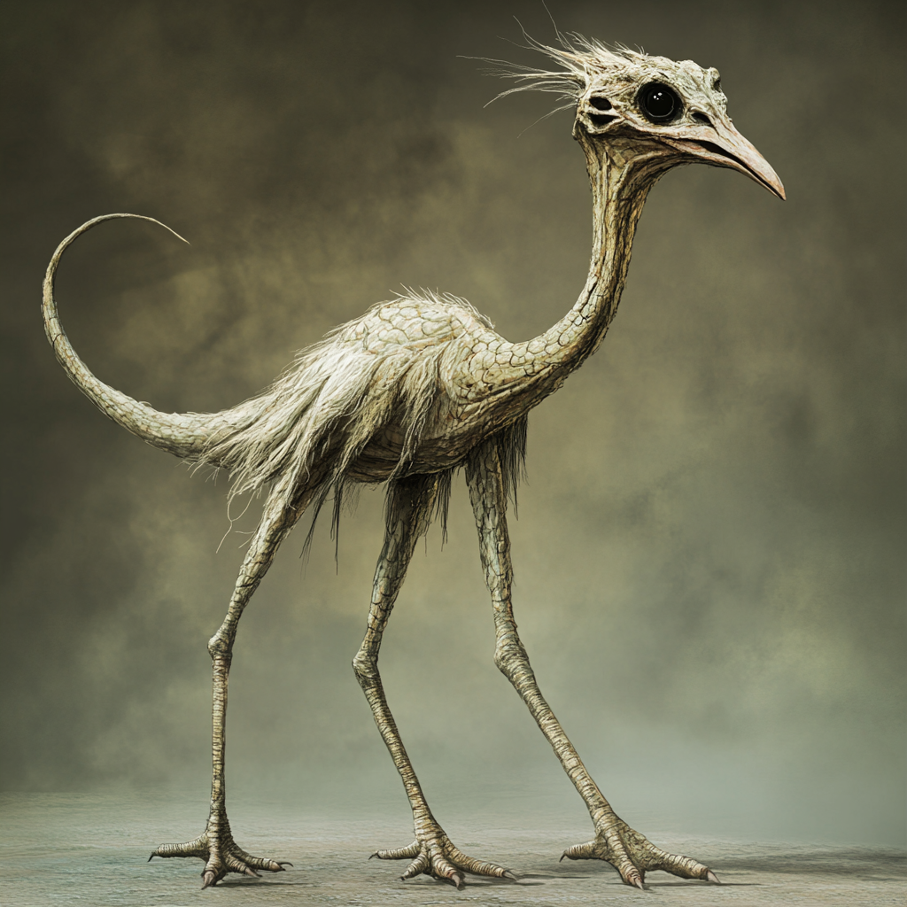 Feathered creature with long neck, scales, black eyes