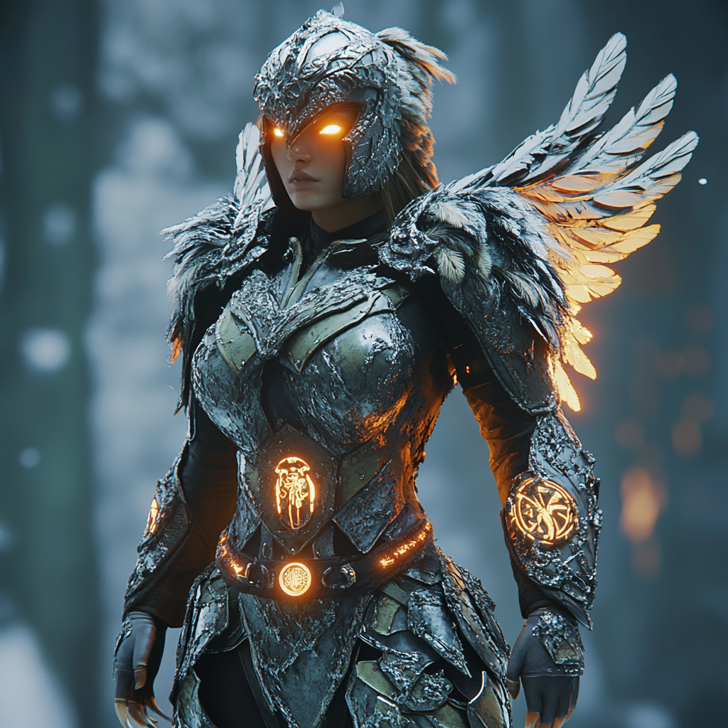 Feathered warrior, armor of ash, glowing runes, detailed rendering.