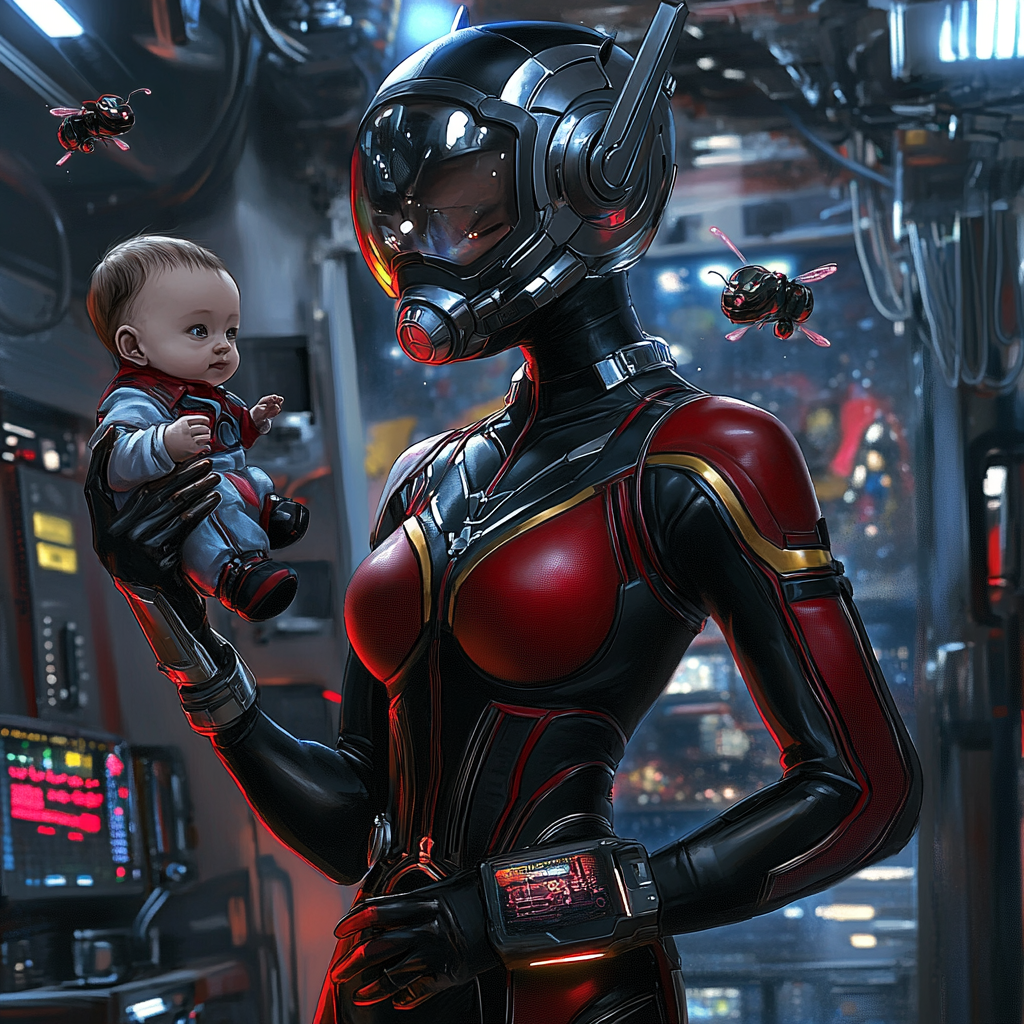 Female Ant-Woman with baby in high-tech lab.