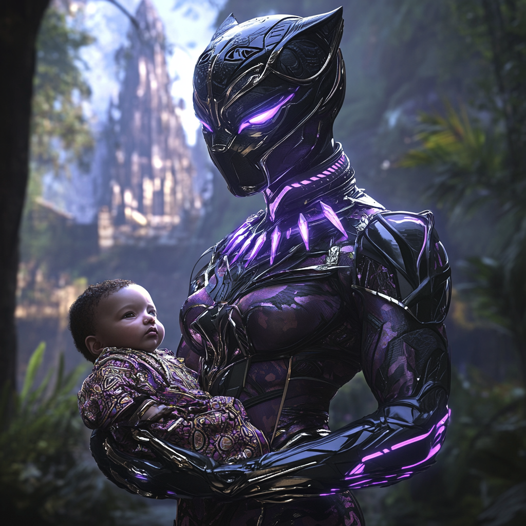 Female Black Panther holds baby in majestic Wakanda.