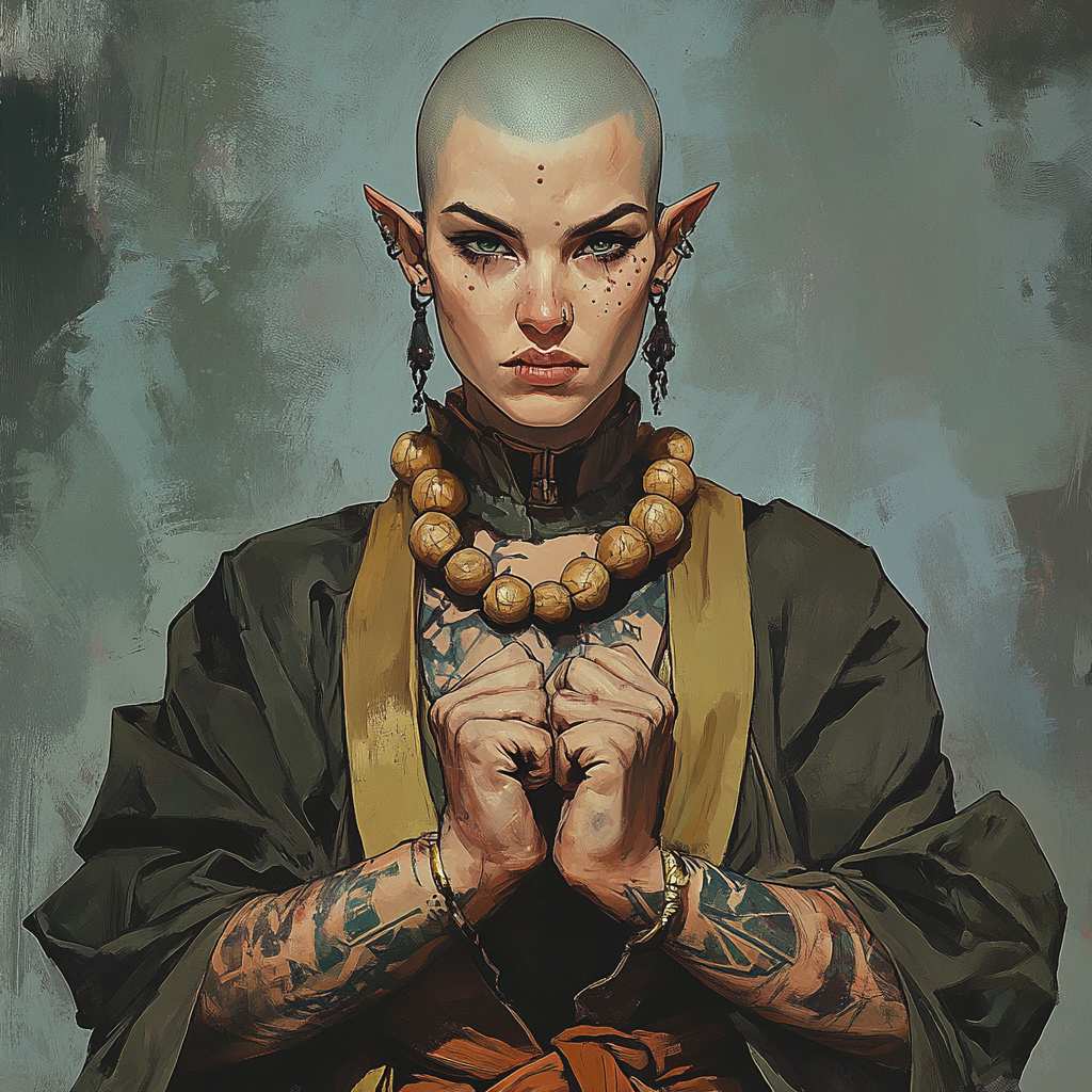 Female Elf Monk With Shaved Head And Tattoos Portrait