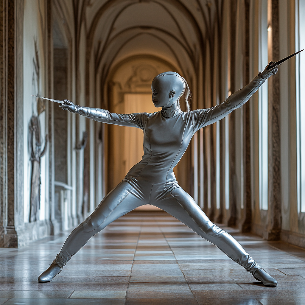 Female Eurasian in royal stable wearing grey jumpsuit, dueling casually.