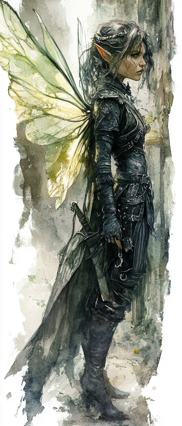 Female Fairy rogue in dark armor with wings holding dagger.