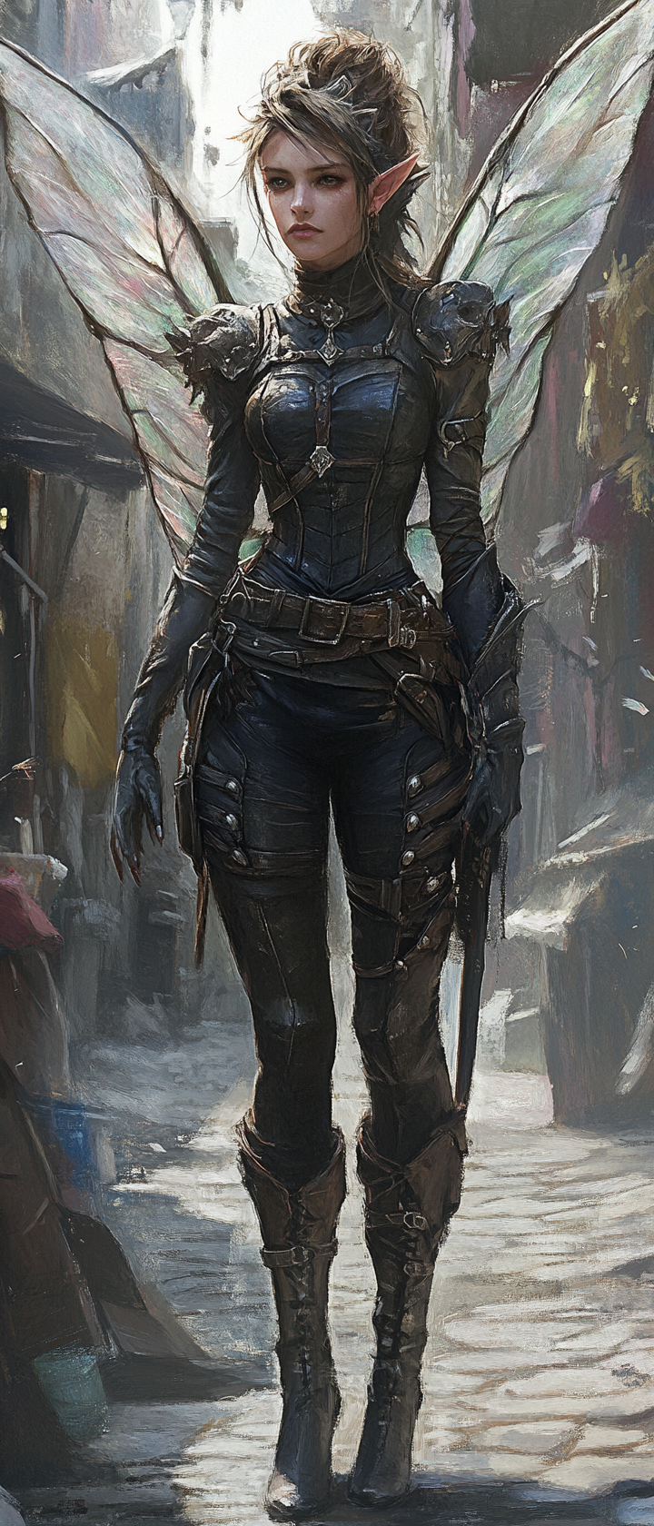 Female Fairy rogue in leather armor, translucent wings. City back alley, dark fantasy setting.