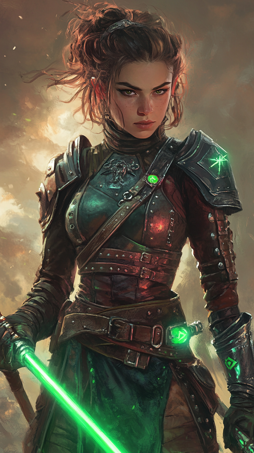 Female Fighter with Green Energy Blades in Studded Armor