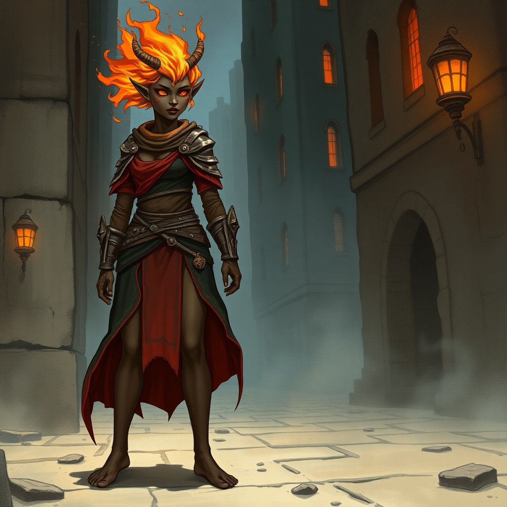 Female Fire Genasi Druid in City