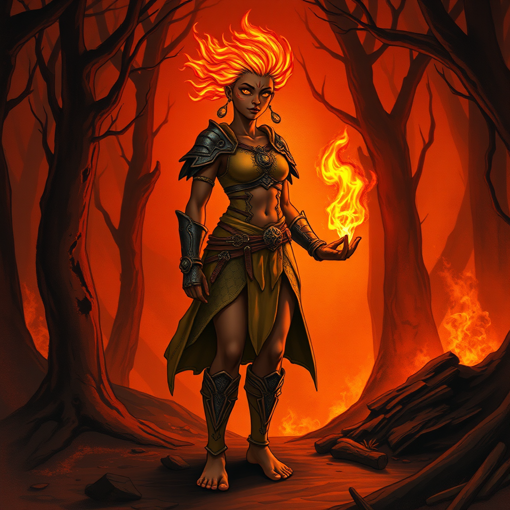 Female Fire Genasi Druid in Medium Armor