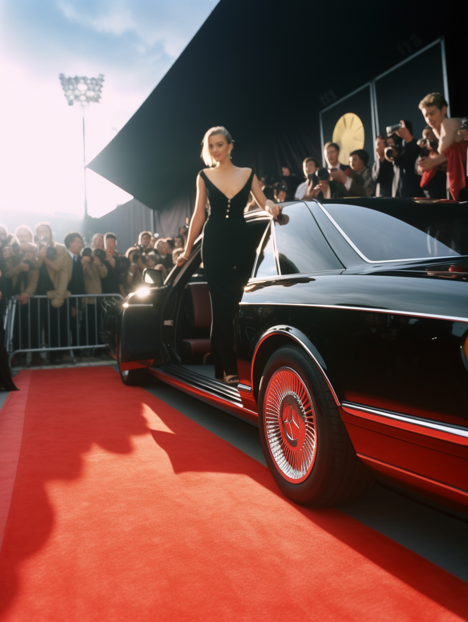 Female Hollywood star arrives at red carpet ceremony.