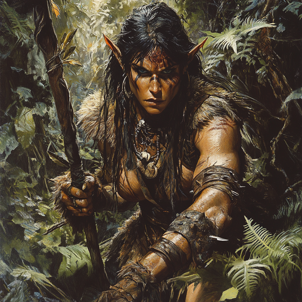 Female Orc Hunter in Frazetta-inspired scene