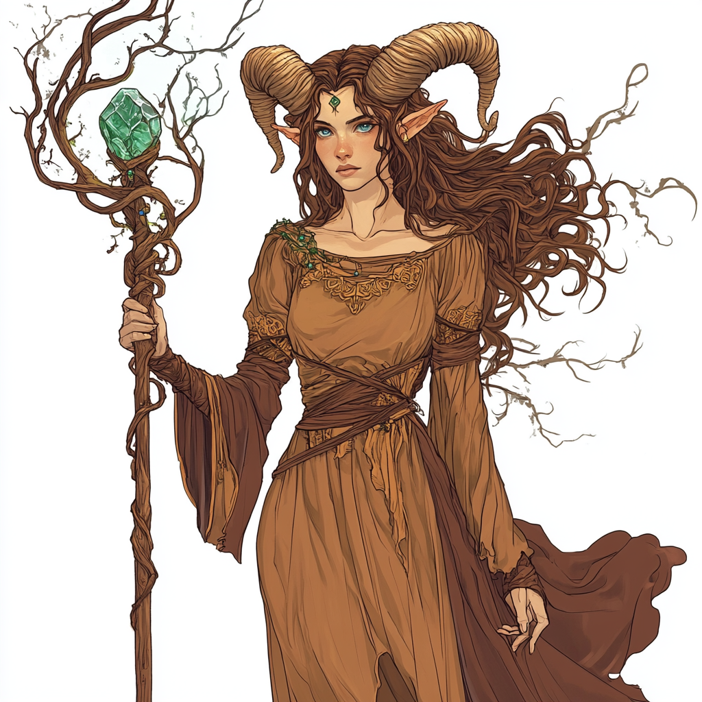 Female Satyr with ornamental staff in fantasy RPG