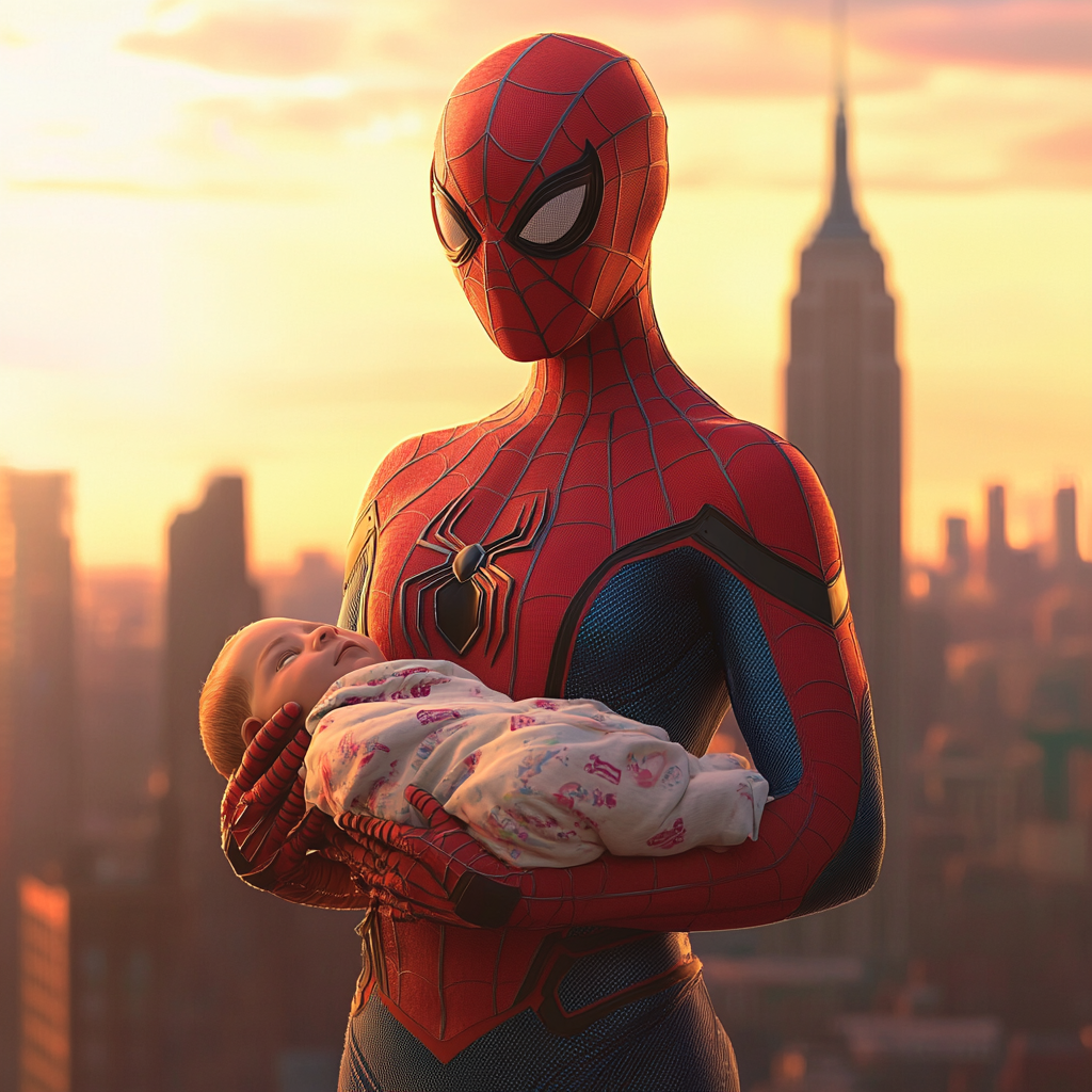 Female Spiderman with baby on NYC rooftop at sunset.