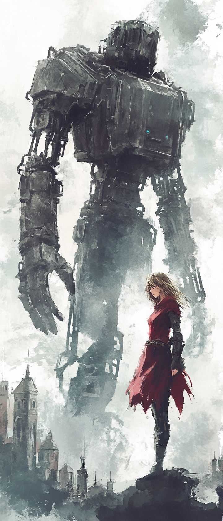 Female adventurer beside metal golem in eerie fantasy setting.