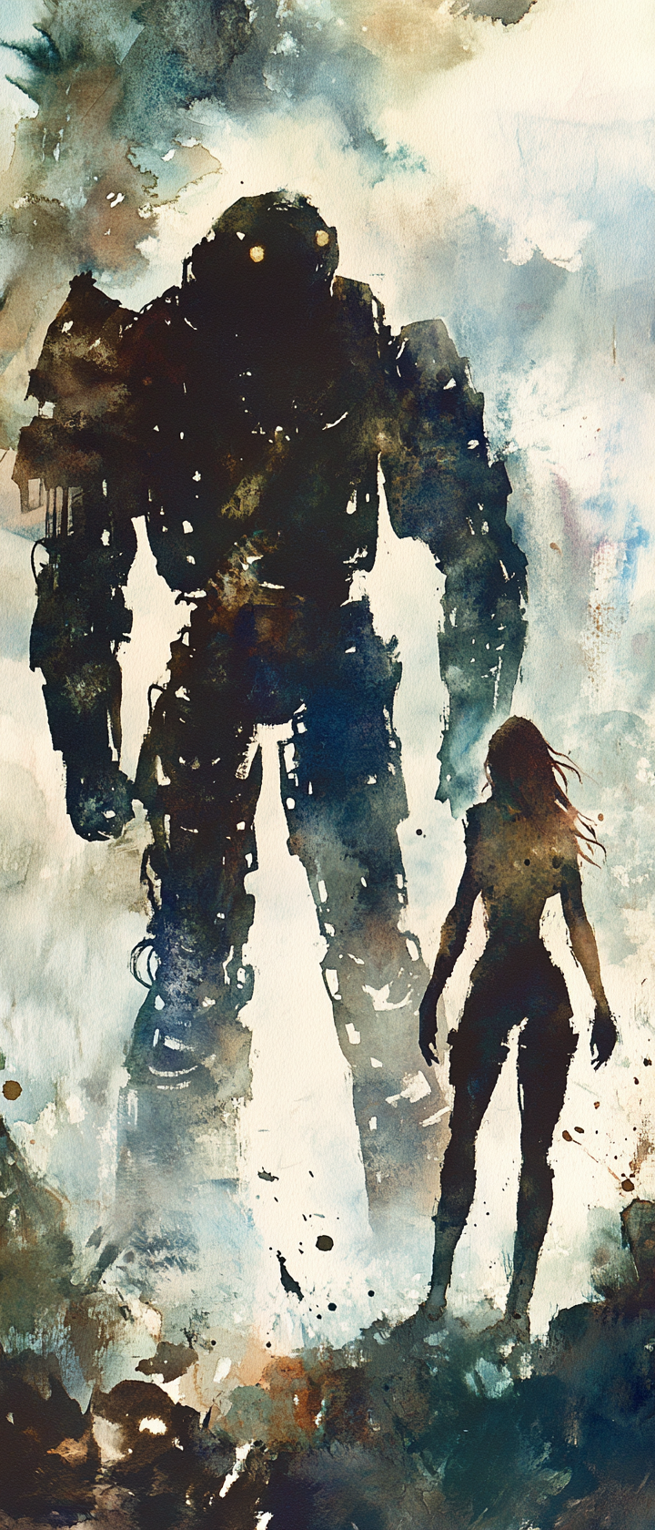 Female adventurer with golem in eerie watercolor setting.