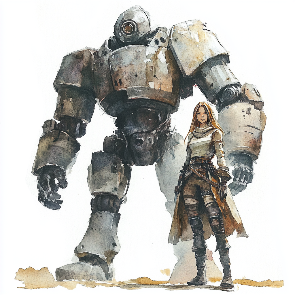 Female adventurer with mechanical golem in eerie setting watercolor.