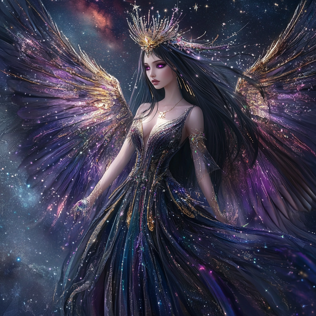 Female angel with black hair, amethyst crown, starry dress.