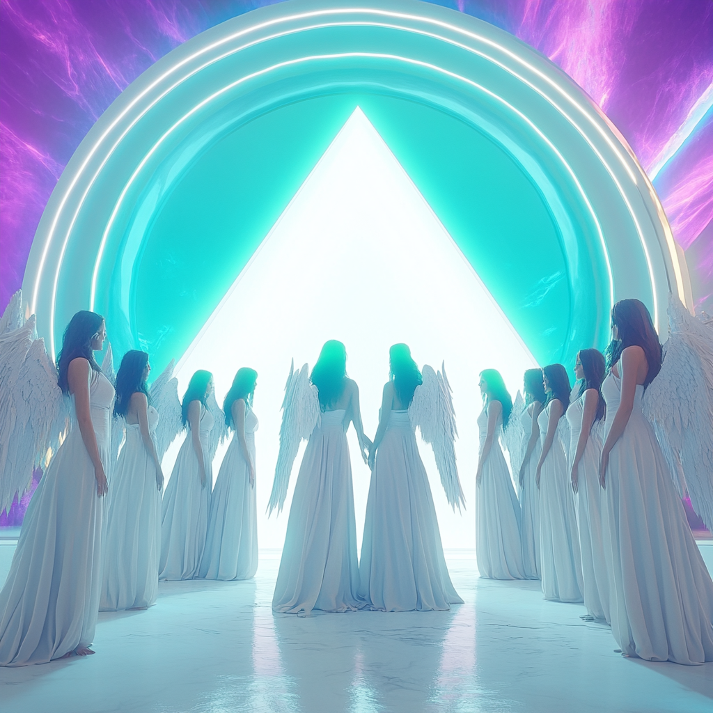 Female angels in white robes, near glowing orb.