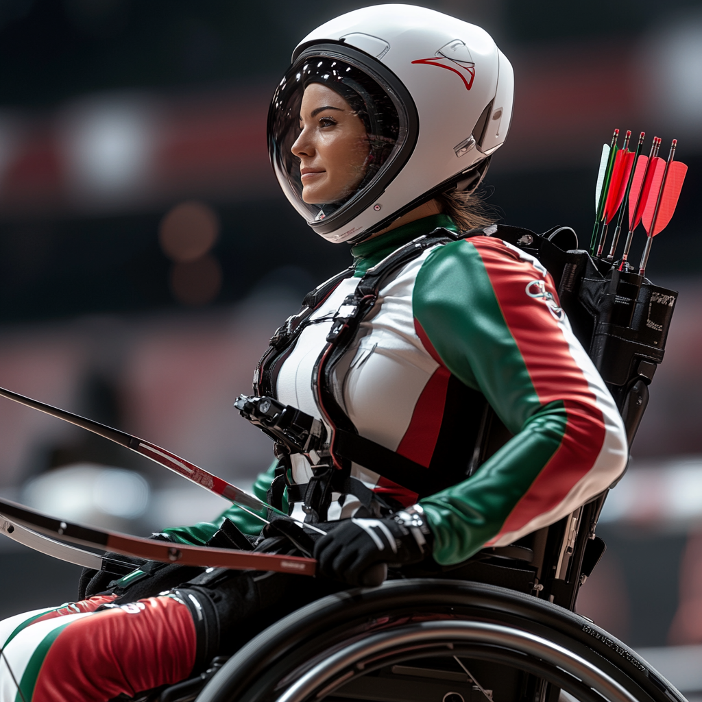 Female astronaut at Paralympic Games in red-green-black suit competing in archery, ultra HD.