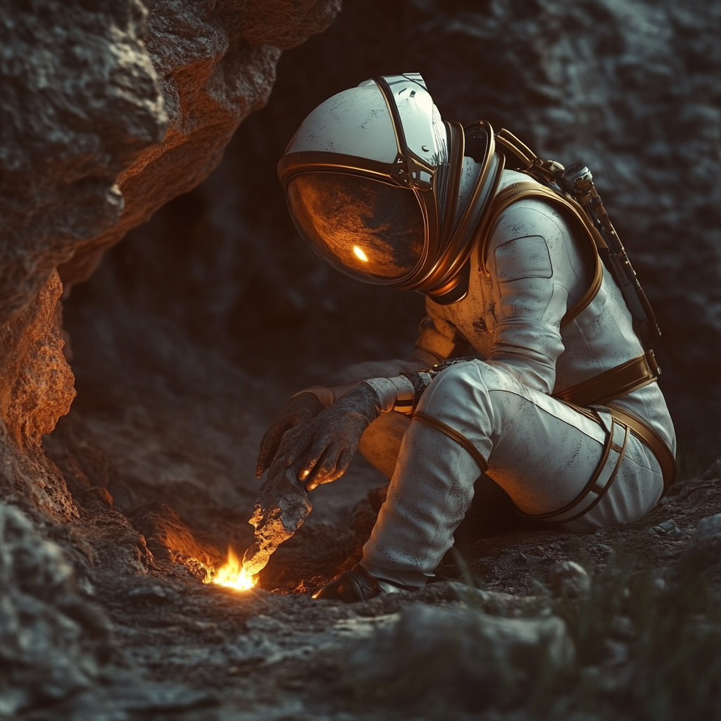 Female astronaut carving stone at cave entrance, night scene