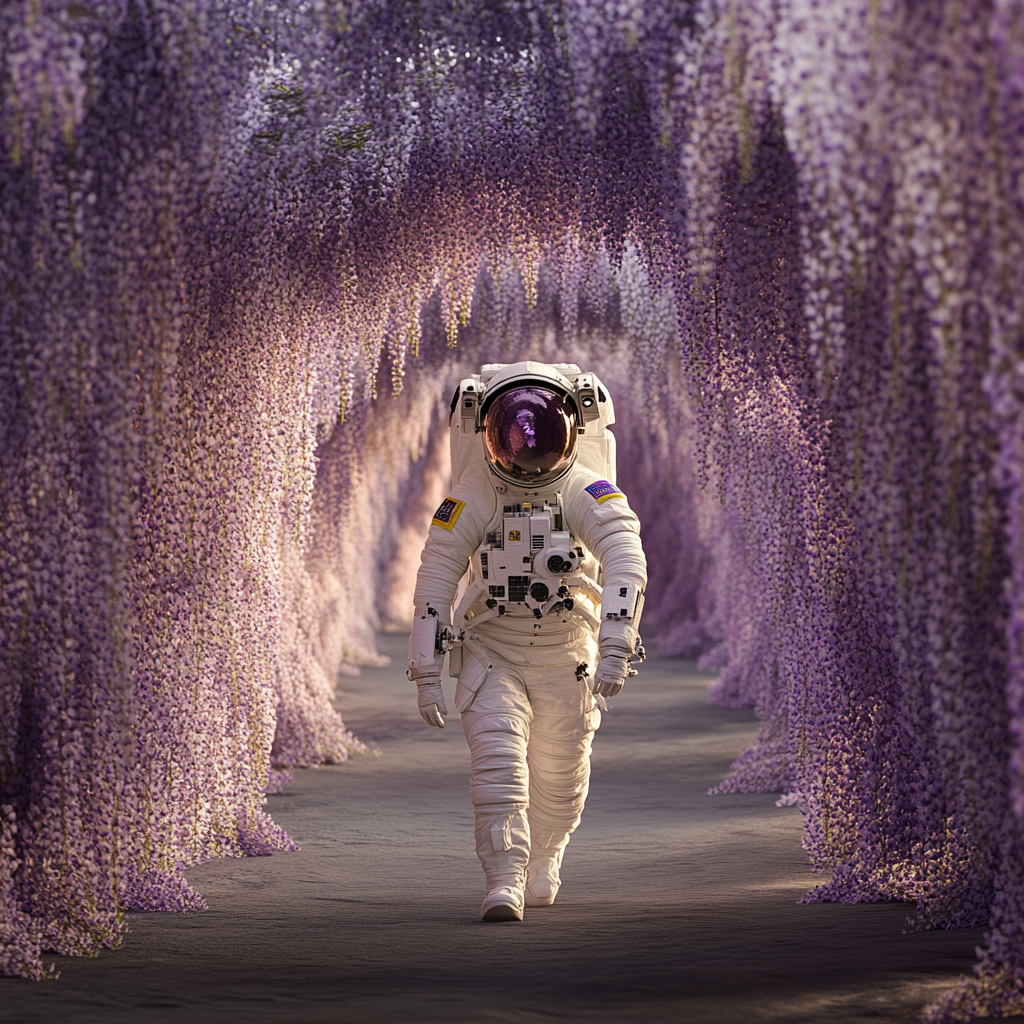 Female astronaut in Japanese flower suit, mauve wisteria tunnel.