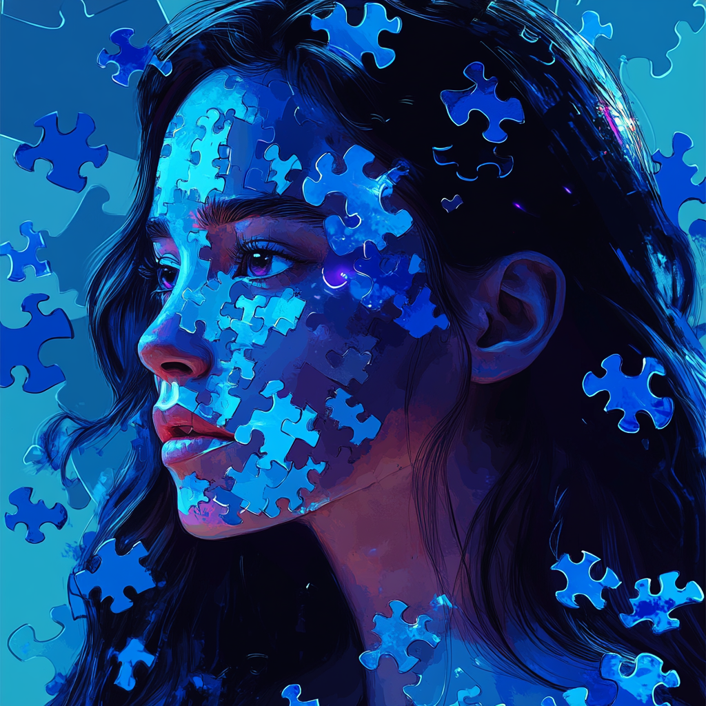 Female character studying psychology, blue puzzle background, realistic.