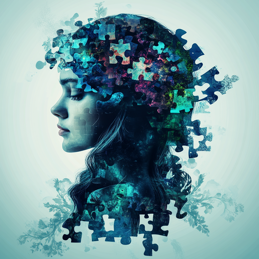 Female character studying psychology surrounded by brain elements.