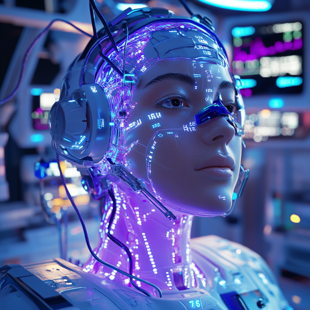 Female cyborg connected to futuristic medical table, digital screens.