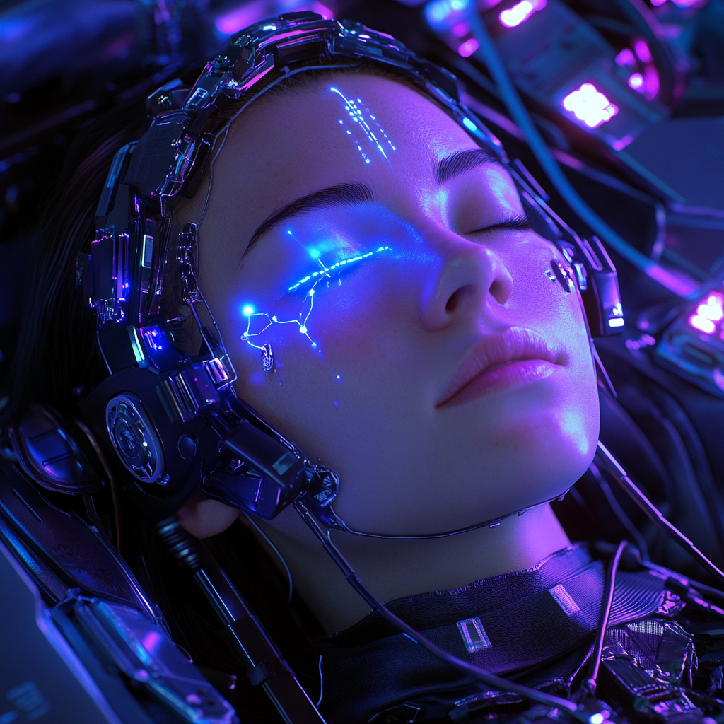 Female cyborg connected with futuristic cabled, blue lights, sleeping pod.