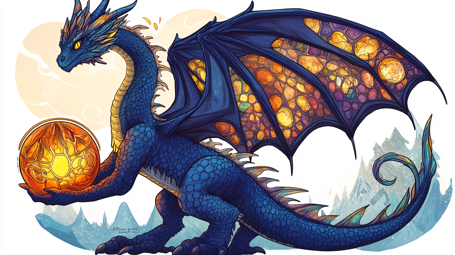 Female dragon with stained glass wings holding gold globe.