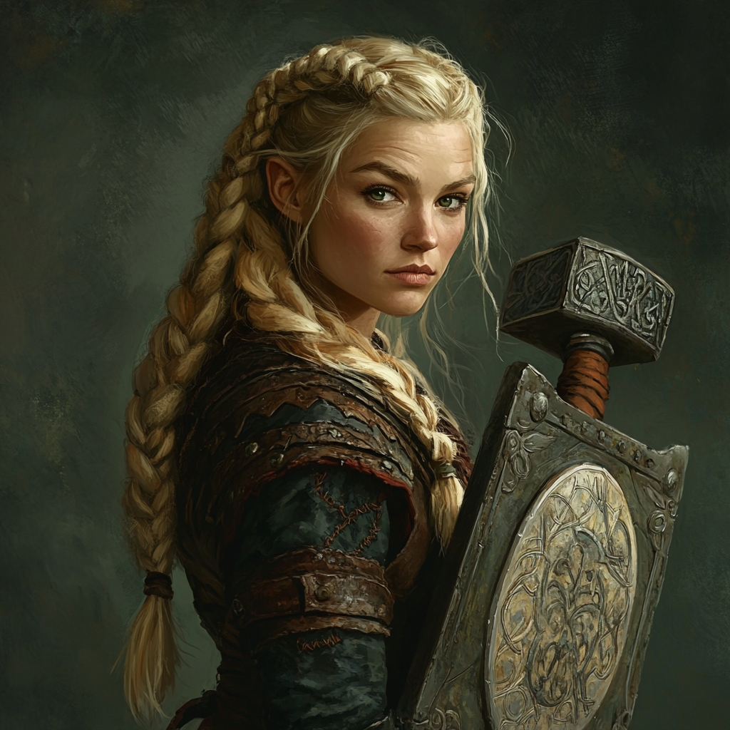 Female dwarf cleric of Freya with warhammer, braided hair.