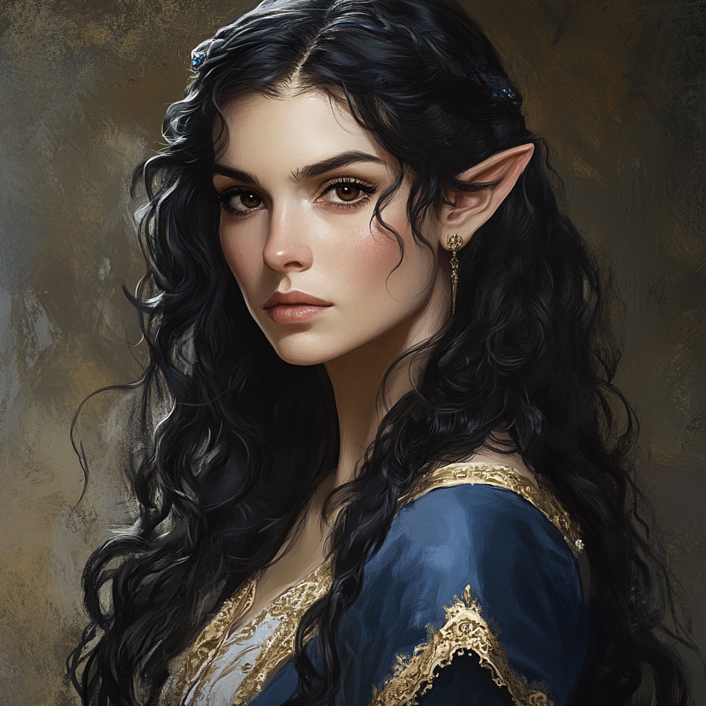 Female elf noble with flowing black hair, blue gown.