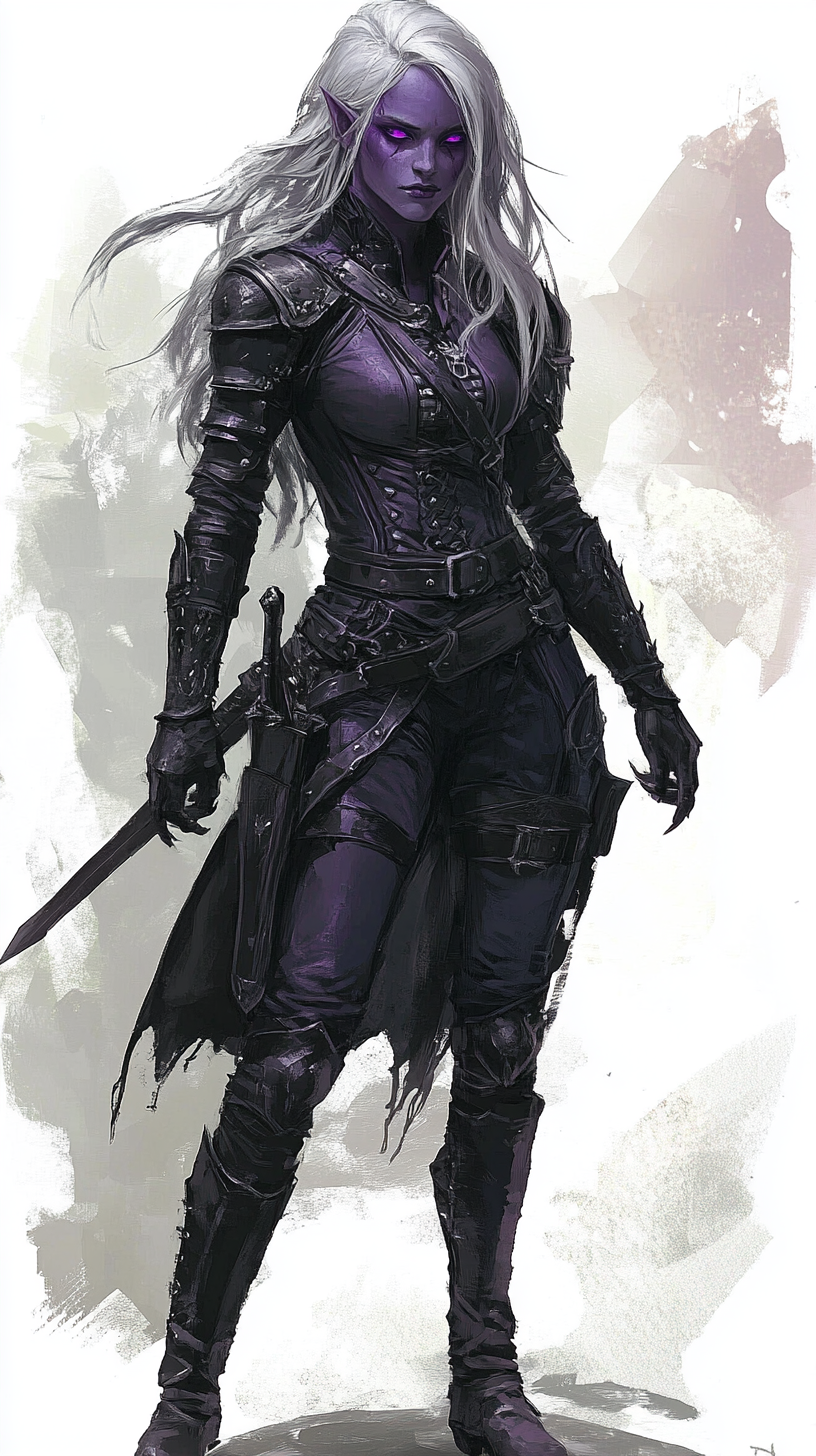 Female elf with purple skin, silver hair, sneaking with weapons.