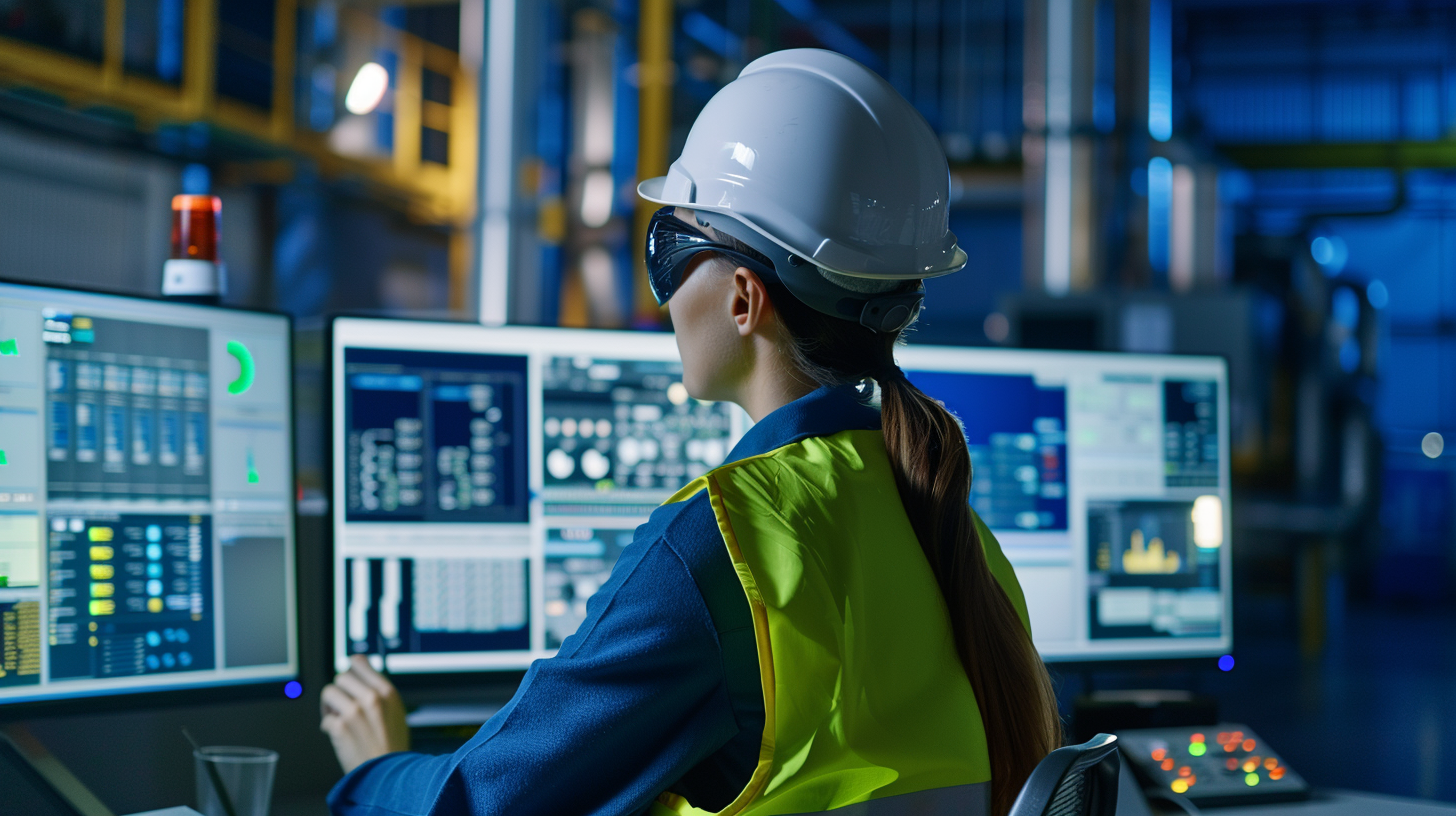 Female engineer in control room monitors energy data.