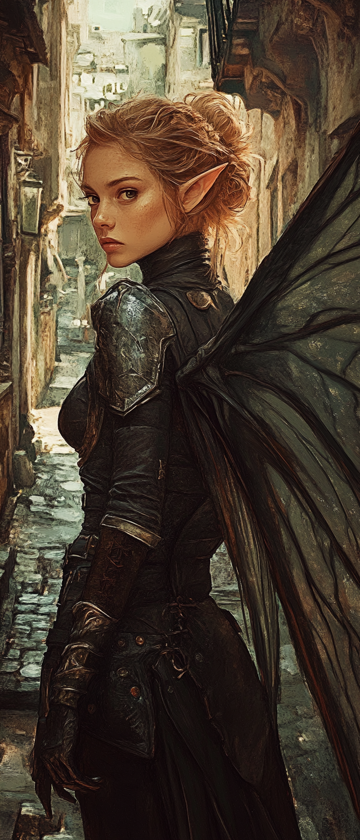 Female fairy rogue, dark leather armor, eerie setting.