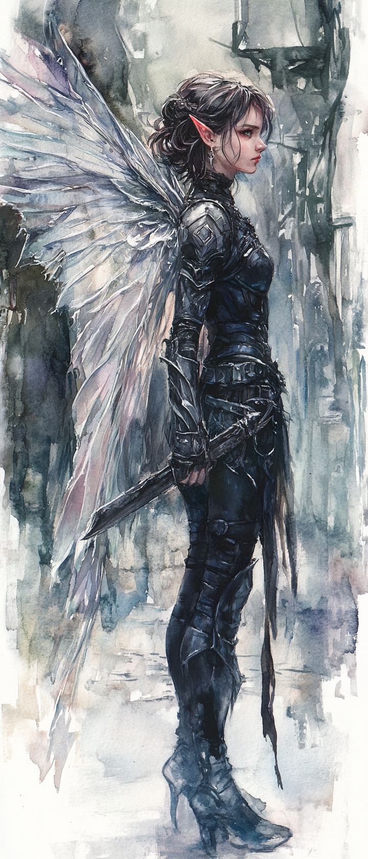 Female fairy rogue in dark leather armor, dagger in hand.