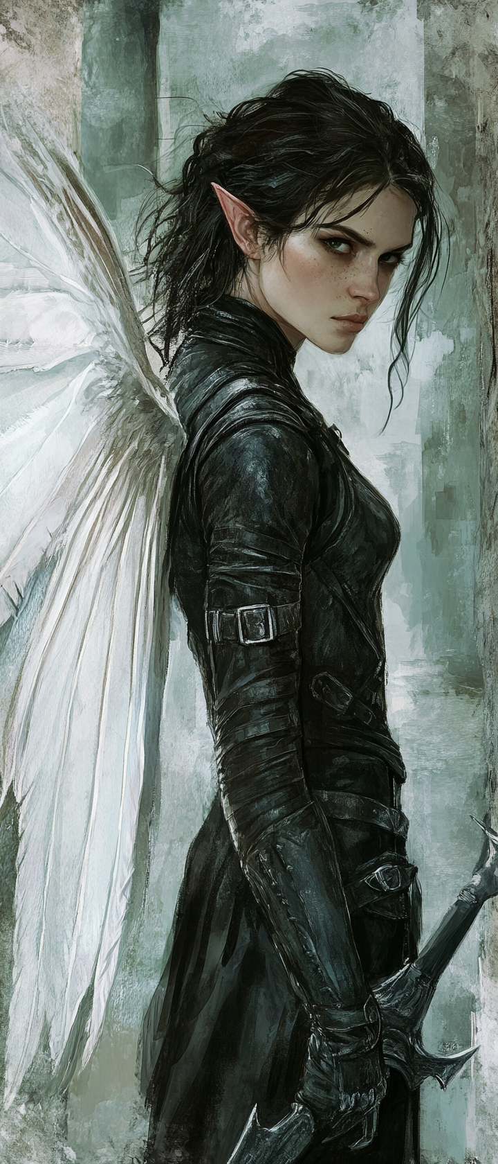 Female fairy rogue in dark leather armor with dagger.