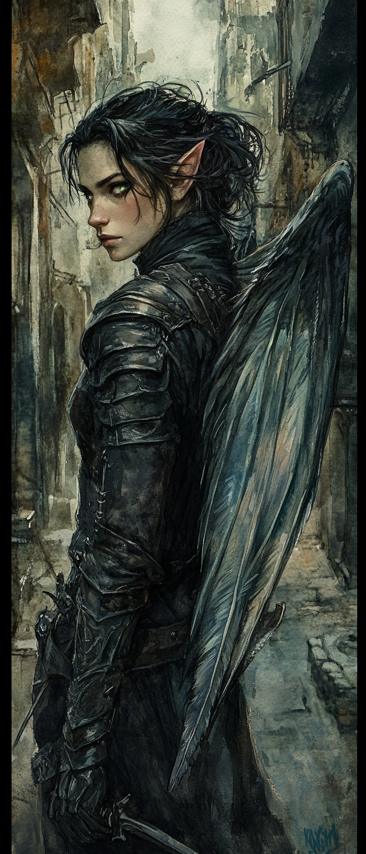 Female fairy rogue in dark leather armor with wings.