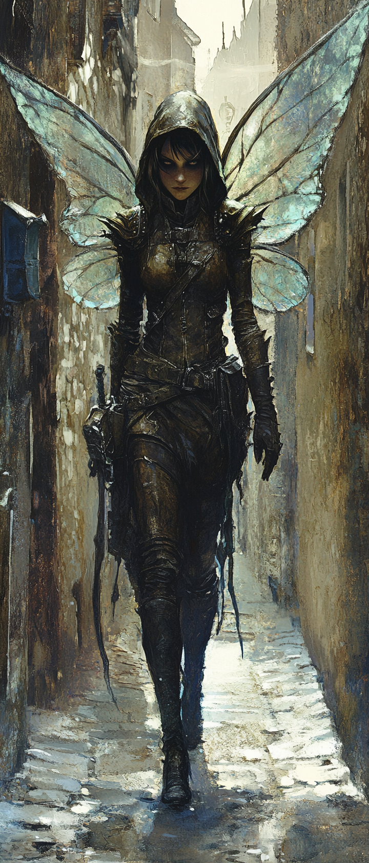 Female fairy rogue sneaking in dark alley, eerie mood.