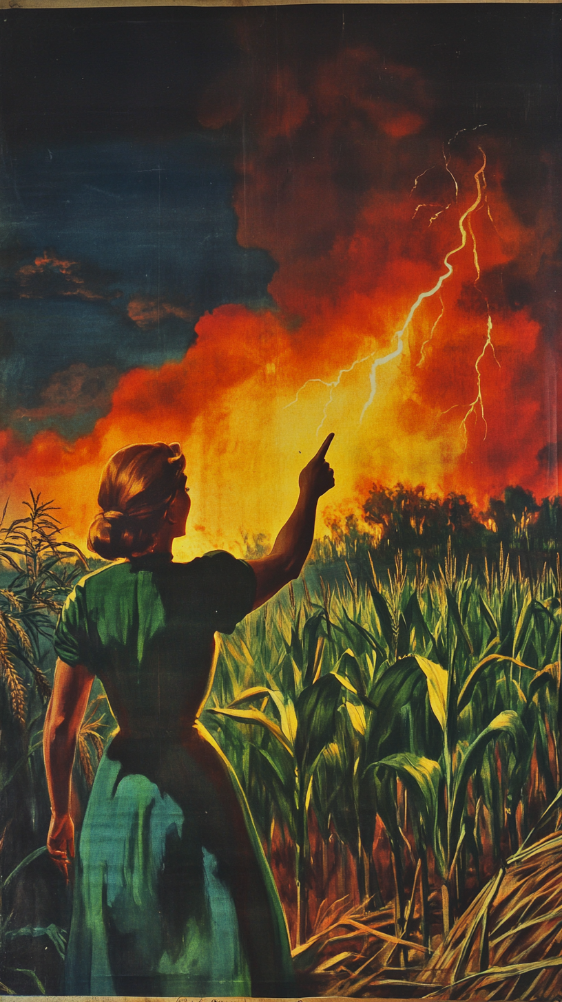 Female farmer in 1940s corn field fire storm