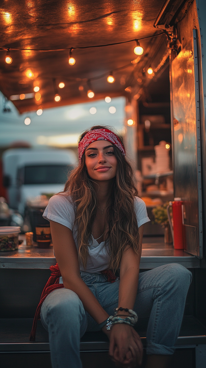 Female food truck owner counts earnings at sunset