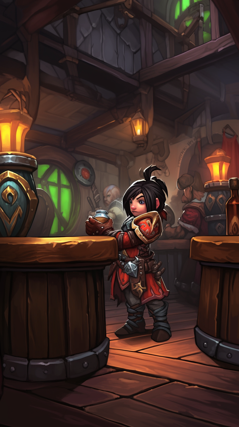 Female gnome in tavern wearing leather armor and scarf.