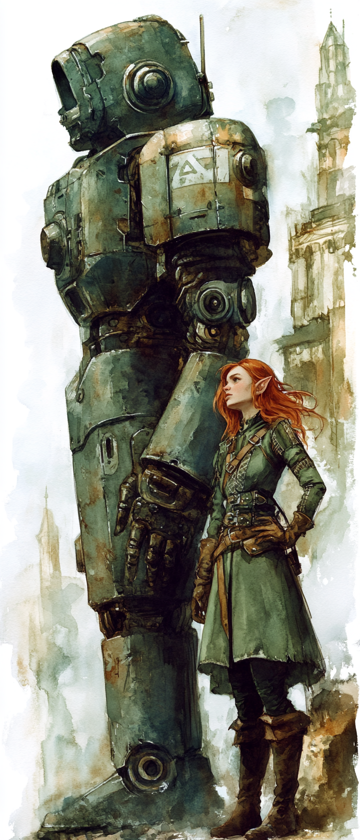 Female half-elf with large construct companion in fantasy setting.