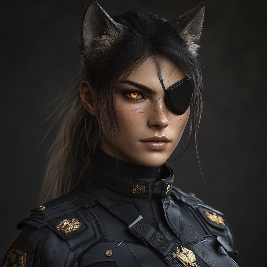 Female half wolf Captain in black military uniform eyepatch.